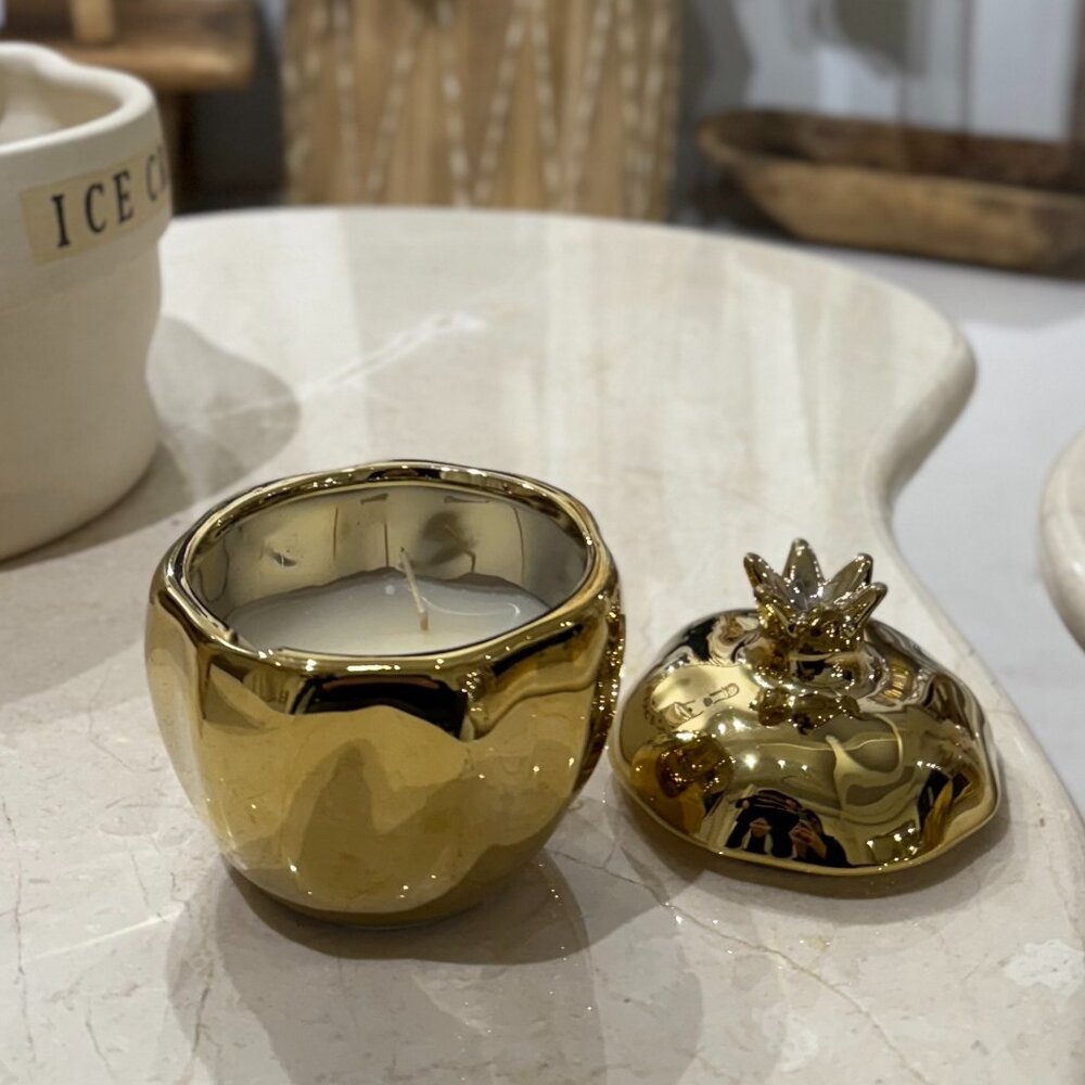 Gold Pomegranate Ceramic Jar Soy Candle – Elegant Holiday Gift & Jewelry Box